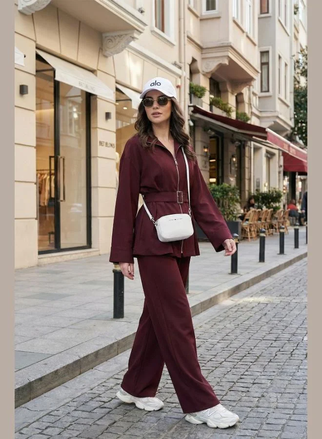 ليلا Lela Regular Fit Women's Suit with Belt Detail and Zipper Closure, Wide Leg, SET 6928879